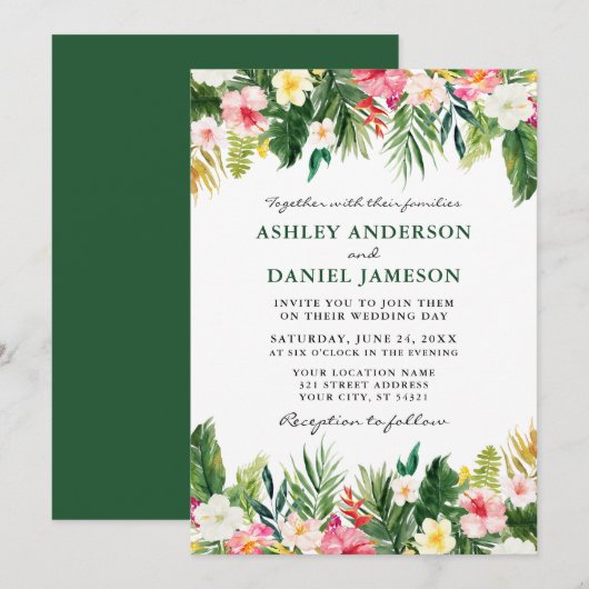 Invitation Aquarelle Tropical Floral Mariage Vert (Devant / Derrière)