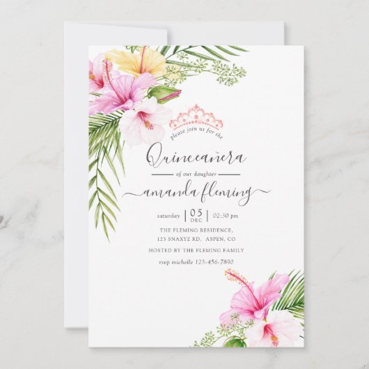 Invitation Aquarelle Tropical Floral Quinceañera (Devant)