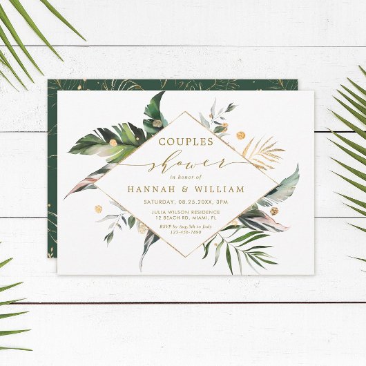 Invitation Aquarelle Tropical Foliage Gold Couples Douche