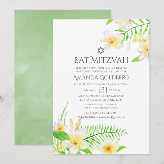 Invitation Aquarelle Tropical Frangipani Bat mitzvah (Devant / Derrière)