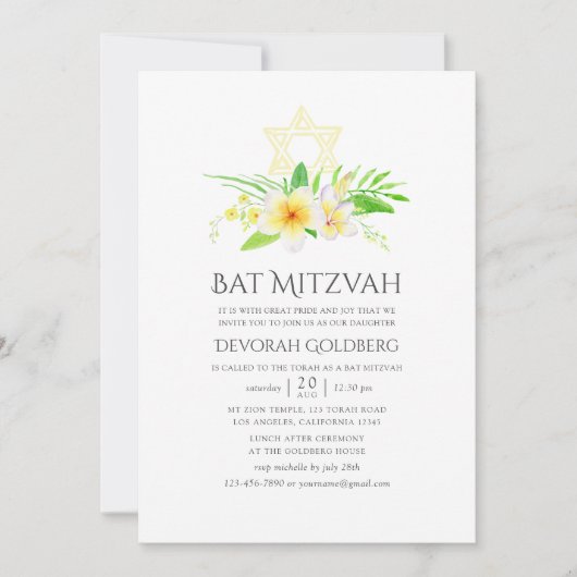 Invitation Aquarelle Tropical Frangipani Bat mitzvah (Devant)