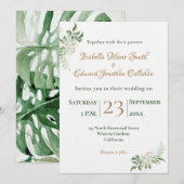 Invitation Aquarelle Tropical Green Monstera Feuille Mariage (Devant / Derrière)