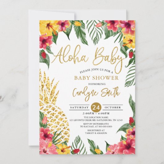 Invitation Aquarelle Tropical Hawaiian Pineappy Baby shower (Devant)