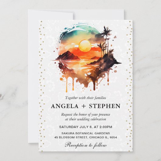 Invitation Aquarelle Tropical Island Sunset Mariage (Devant)
