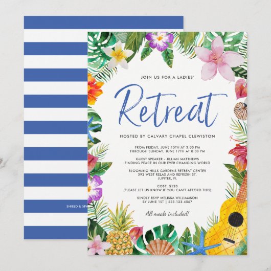 Invitation Aquarelle Tropical Luau - Retraite féminine (Devant / Derrière)