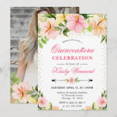 Invitation Aquarelle Tropical Rose Fleurs Quinceanera (Devant / Derrière)