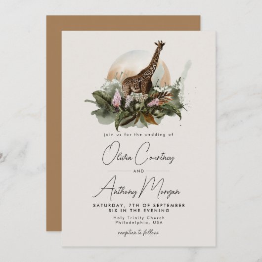 Invitation Aquarelle Tropical Safari Jungle Giraffe Mariage (Devant / Derrière)