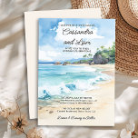 Invitation Aquarelle Tropical Summer Beach Wedding<br><div class="desc">Faire-part de mariage à thème de plage avec aquarelle scène d'un magnifique océan bleu qui lèche le sable d'une plage bordée de palmiers sous le ciel d'été. Lettres modernes avec écriture décontractée, manuscrite. Parfait pour un mariage sur la plage, mariage côtier, mariage d'été, mariage de mer, mariage nautique, mariage de...</div>