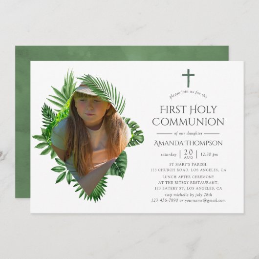 Invitation Aquarelle Tropical Summer First Holy Communion (Devant / Derrière)