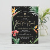 Invitation Aquarelle tropicale Bat mitzvah d'or noir (Debout devant)