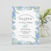 Invitation Aquarelle tropicale d'anniversaire Feuilles bleu v (Debout devant)