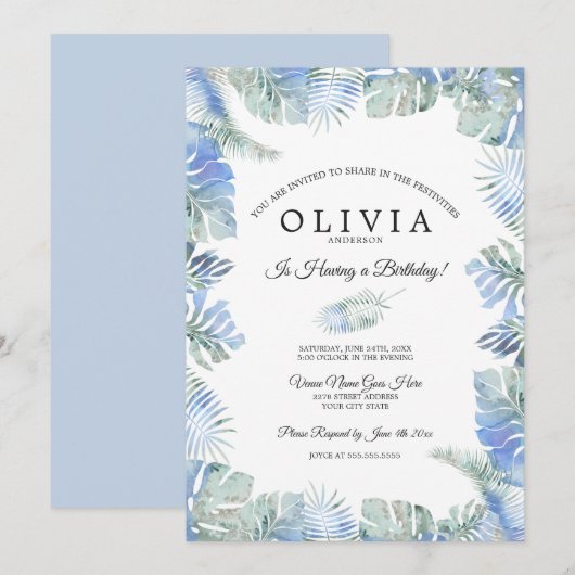 Invitation Aquarelle tropicale d'anniversaire Feuilles bleu v (Devant / Derrière)