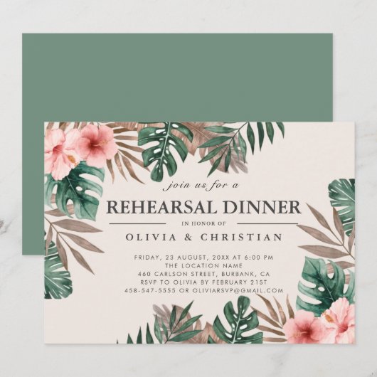 Invitation Aquarelle tropicale Dîner de répétition Florale ve (Devant / Derrière)