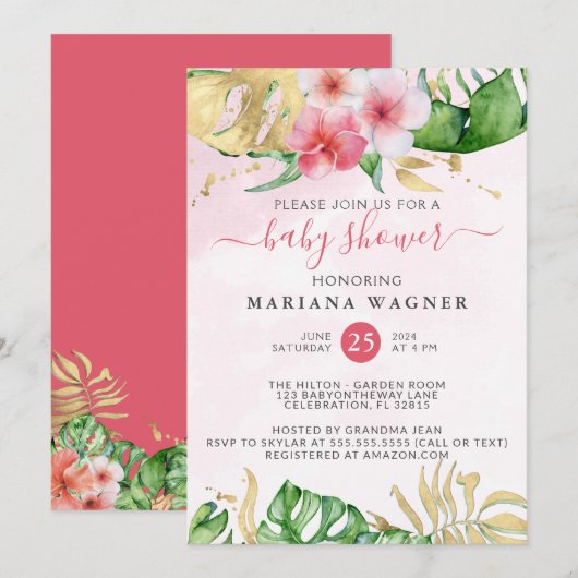 Invitation Aquarelle tropicale estivale Baby shower floral (Devant / Derrière)