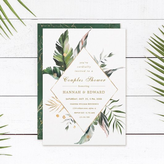 Invitation Aquarelle tropicale Feuillage Couples Or Douche Co