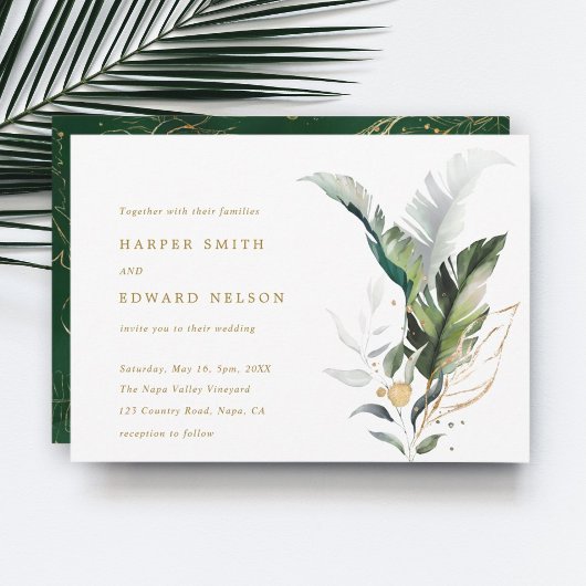 Invitation Aquarelle tropicale Feuille Mariage or