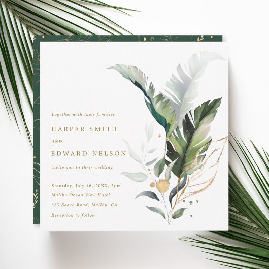Invitation Aquarelle tropicale Feuille Mariage or Carré