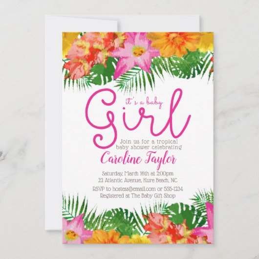 Invitation Aquarelle tropicale Floral Baby Girl Douche (Devant)
