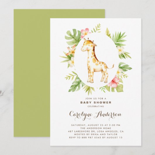 Invitation Aquarelle tropicale Giraffe Baby shower d'été (Devant / Derrière)