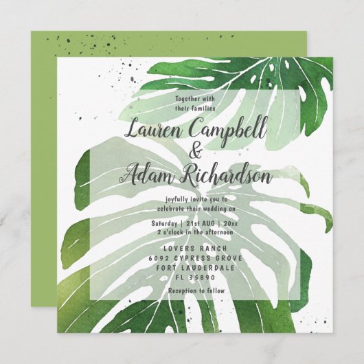 Invitation Aquarelle tropicale Monstera Foliage Mariage (Devant / Derrière)