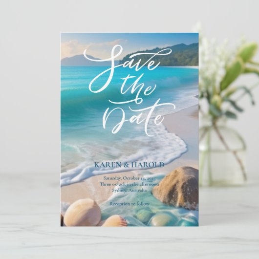 Invitation Aquarelle tropicale Plage océan Enregistrer la dat (Debout devant)