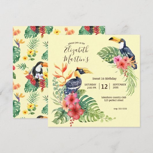 Invitation Aquarelle tropicale Toucan & Hibiscus Anniversaire (Devant / Derrière)