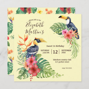 Invitation Aquarelle tropicale Toucan & Hibiscus Anniversaire