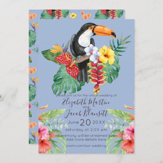 Invitation Aquarelle tropicale Toucan Mariage virtuel (Devant / Derrière)