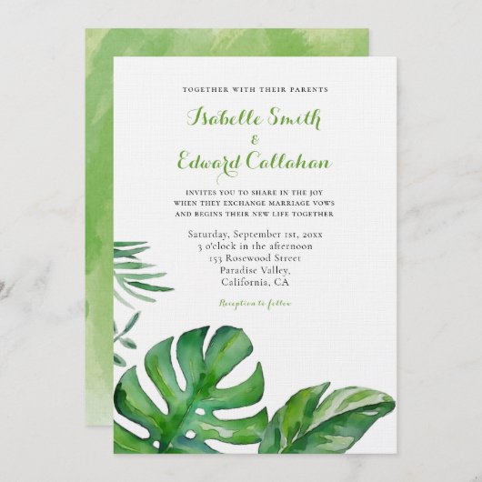 Invitation Aquarelle tropicale Vert Monstera Feuille Mariage (Devant / Derrière)