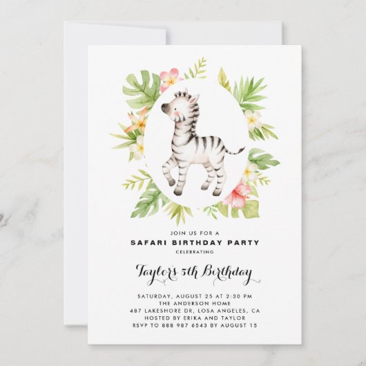 Invitation Aquarelle tropicale Zebra Safari Anniversaire de e (Devant)
