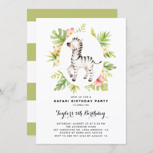 Invitation Aquarelle tropicale Zebra Safari Anniversaire de e
