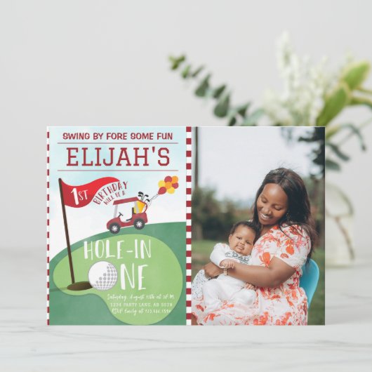 Invitation Aquarelle Trou rouge en un Golf 1er Anniversaire P (Debout devant)