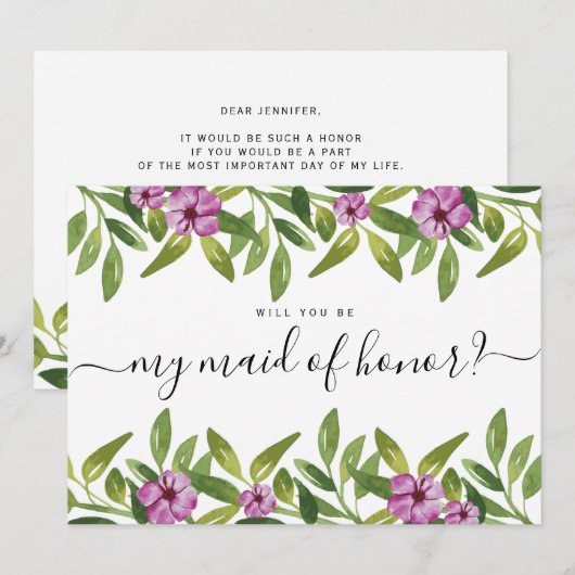 Invitation Aquarelle, tu seras ma servante d'honneur (Devant / Derrière)