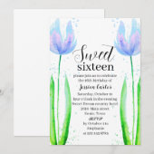 Invitation Aquarelle Tulipes Bleues Floral Sweet 16 Seize (Devant / Derrière)