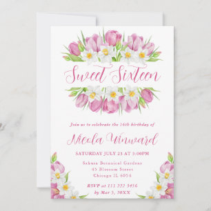 Invitation Aquarelle Tulipes et Jonquilles Cadre Sweet 16