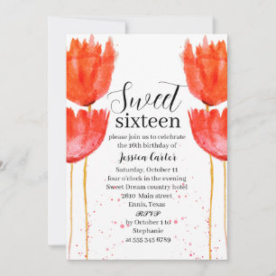 Invitation Aquarelle Tulipes orange Floral Sweet 16 Seize