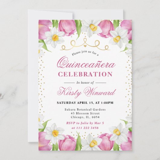 Invitation Aquarelle Tulipes roses et jonquilles Quinceanera (Devant)