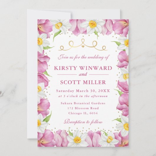 Invitation Aquarelle Tulipes roses et Mariage de jonquilles (Devant)