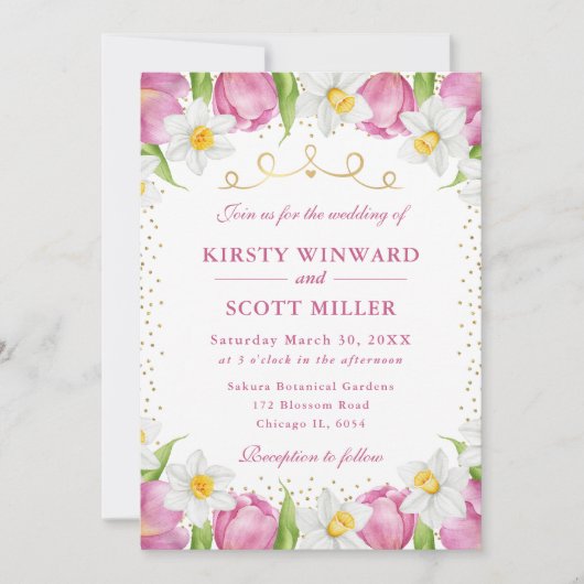 Invitation Aquarelle Tulipes roses et Mariage de jonquilles (Devant)