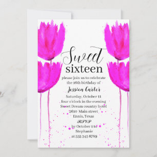 Invitation Aquarelle Tulipes roses Floral Sweet 16 Seize