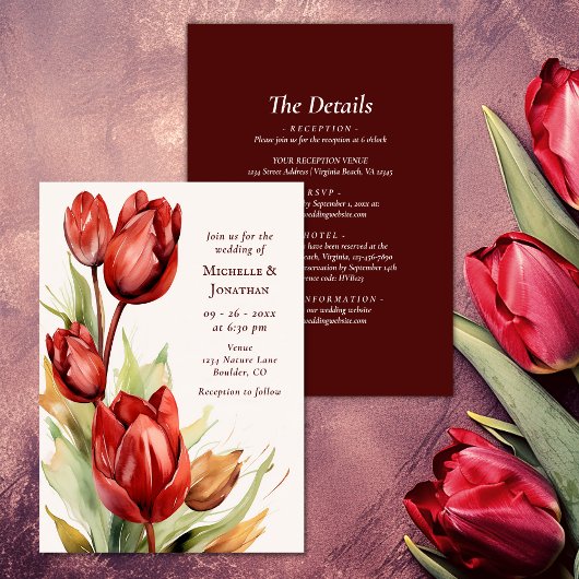 Invitation Aquarelle Tulipes Rouges Ressort Tout en un Mariag