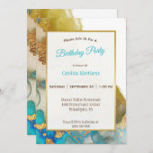 Invitation Aquarelle Turquoise Abstraite Gold Agate Anniversa (Devant / Derrière)