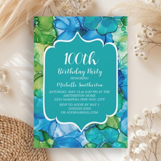 Invitation Aquarelle Turquoise bleu vert 100e anniversaire