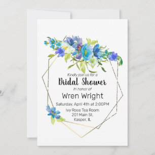 Invitation Aquarelle Turquoise Bleu violet Cadre Or Floral