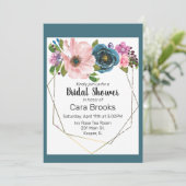 Invitation Aquarelle Turquoise Bleu violet Cadre Or Floral (Debout devant)