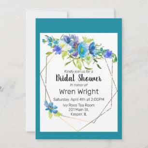 Invitation Aquarelle Turquoise Bleu violet Cadre Or Floral