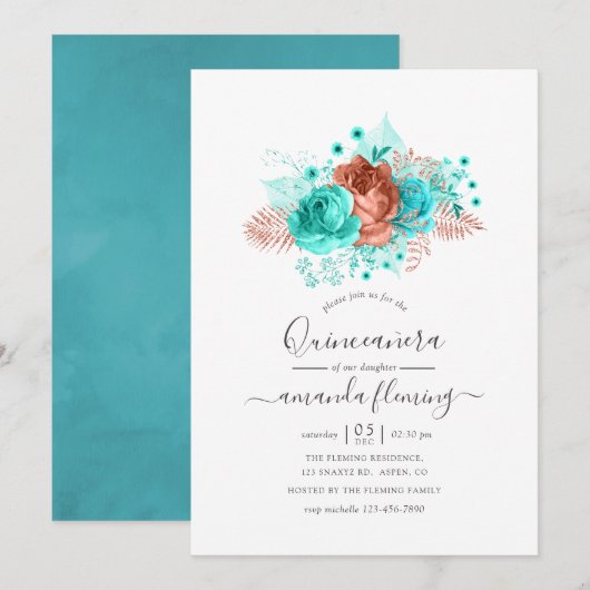 Invitation Aquarelle Turquoise & Corail Quinceañera (Devant / Derrière)