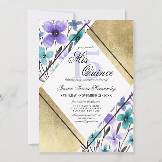 Invitation Aquarelle Turquoise couleur or violet Mis Quince (Devant)
