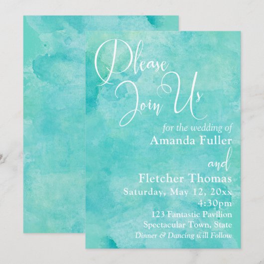 Invitation Aquarelle turquoise Elégante Typographie Mariage 2 (Devant / Derrière)