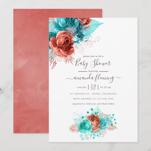 Invitation Aquarelle turquoise et corail Baby shower Floral (Devant / Derrière)